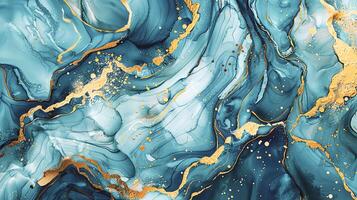moderno azul, gris y oro resumen mármol antecedentes con turquesa acentos, presentando fluido líquido tinta remolinos y dorado Brillantina olas en un acuarela textura un lujoso y elegante composición foto