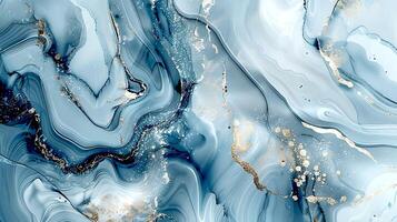 Modern blue, grey and gold abstract marble background with turquoise accents, featuring fluid liquid ink swirls and golden glitter waves in a watercolor texture a luxurious and elegant composition photo