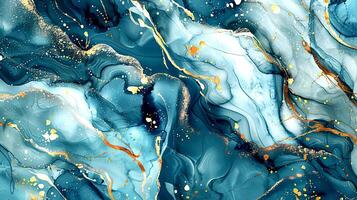 Modern blue, grey and gold abstract marble background with turquoise accents, featuring fluid liquid ink swirls and golden glitter waves in a watercolor texture a luxurious and elegant composition photo
