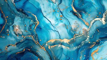 Modern blue and gold abstract marble background with turquoise accents, featuring fluid liquid ink swirls and golden glitter waves in a watercolor texture, creating a luxurious and elegant composition photo