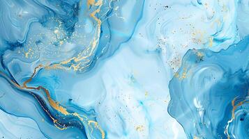 Modern blue and gold abstract marble background with turquoise accents, featuring fluid liquid ink swirls and golden glitter waves in a watercolor texture, creating a luxurious and elegant composition photo