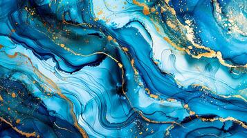 Modern blue and gold abstract marble background with turquoise accents, featuring fluid liquid ink swirls and golden glitter waves in a watercolor texture, creating a luxurious and elegant composition photo