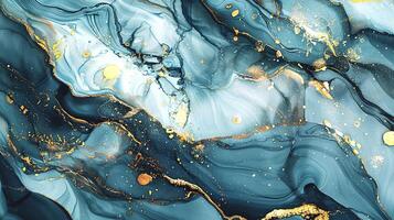 Modern blue, grey and gold abstract marble background with turquoise accents, featuring fluid liquid ink swirls and golden glitter waves in a watercolor texture a luxurious and elegant composition photo