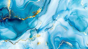 Modern blue and gold abstract marble background with turquoise accents, featuring fluid liquid ink swirls and golden glitter waves in a watercolor texture, creating a luxurious and elegant composition photo