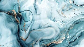 Modern blue, grey and gold abstract marble background with turquoise accents, featuring fluid liquid ink swirls and golden glitter waves in a watercolor texture a luxurious and elegant composition photo