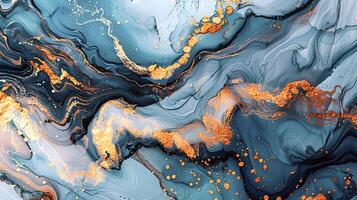 Modern Artistic Design with Gold, Blue, Grey, and Turquoise Accents, Fluid Ink and Watercolor Patterns, Abstract Waves and Swirls, and Luxurious Marble Texture Background photo