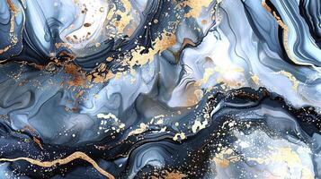 Modern Artistic Design with Gold, Blue, Grey, and Turquoise Accents, Fluid Ink and Watercolor Patterns, Abstract Waves and Swirls, and Luxurious Marble Texture Background photo