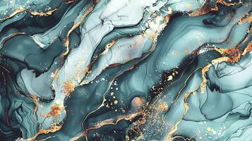 Modern Artistic Design with Gold, Blue, Grey, and Turquoise Accents, Fluid Ink and Watercolor Patterns, Abstract Waves and Swirls, and Luxurious Marble Texture Background photo