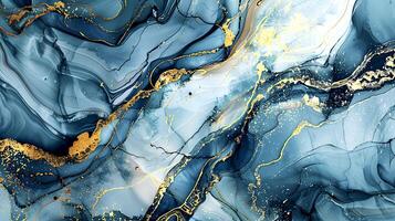 Modern Artistic Design with Gold, Blue, Grey, and Turquoise Accents, Fluid Ink and Watercolor Patterns, Abstract Waves and Swirls, and Luxurious Marble Texture Background photo