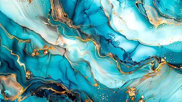 Modern blue, grey and gold abstract marble background with turquoise accents, featuring fluid liquid ink swirls and golden glitter waves in a watercolor texture a luxurious and elegant composition photo