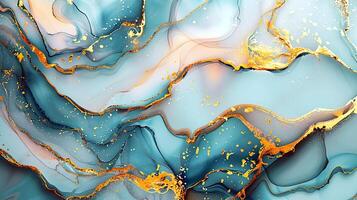 Modern blue, grey and gold abstract marble background with turquoise accents, featuring fluid liquid ink swirls and golden glitter waves in a watercolor texture a luxurious and elegant composition photo