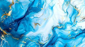 Modern blue and gold abstract marble background with turquoise accents, featuring fluid liquid ink swirls and golden glitter waves in a watercolor texture, creating a luxurious and elegant composition photo