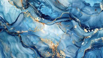 Modern blue, grey and gold abstract marble background with turquoise accents, featuring fluid liquid ink swirls and golden glitter waves in a watercolor texture a luxurious and elegant composition photo
