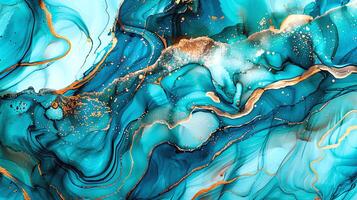 Modern blue, grey and gold abstract marble background with turquoise accents, featuring fluid liquid ink swirls and golden glitter waves in a watercolor texture a luxurious and elegant composition photo