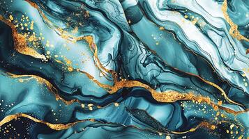 Modern blue, grey and gold abstract marble background with turquoise accents, featuring fluid liquid ink swirls and golden glitter waves in a watercolor texture a luxurious and elegant composition photo