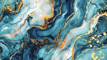 Modern Artistic Design with Gold, Blue, Grey, and Turquoise Accents, Fluid Ink and Watercolor Patterns, Abstract Waves and Swirls, and Luxurious Marble Texture Background photo