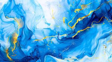 Modern blue and gold abstract marble background with turquoise accents, featuring fluid liquid ink swirls and golden glitter waves in a watercolor texture, creating a luxurious and elegant composition photo