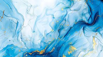 Modern blue and gold abstract marble background with turquoise accents, featuring fluid liquid ink swirls and golden glitter waves in a watercolor texture, creating a luxurious and elegant composition photo