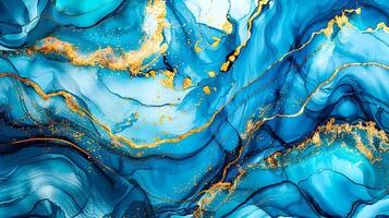 Modern blue and gold abstract marble background with turquoise accents, featuring fluid liquid ink swirls and golden glitter waves in a watercolor texture, creating a luxurious and elegant composition photo