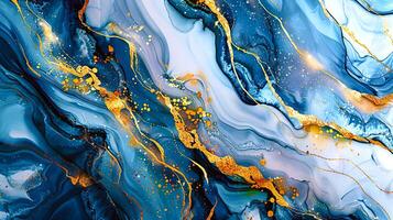 Modern Artistic Design with Gold, Blue, Grey, and Turquoise Accents, Fluid Ink and Watercolor Patterns, Abstract Waves and Swirls, and Luxurious Marble Texture Background photo