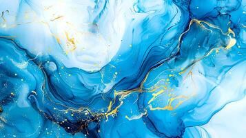 Modern blue and gold abstract marble background with turquoise accents, featuring fluid liquid ink swirls and golden glitter waves in a watercolor texture, creating a luxurious and elegant composition photo