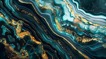 Modern blue and gold abstract marble background with turquoise accents, featuring fluid liquid ink swirls and golden glitter waves in a watercolor texture, creating a luxurious and elegant composition photo