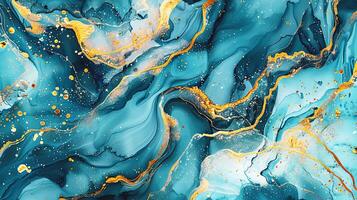 Modern blue, grey and gold abstract marble background with turquoise accents, featuring fluid liquid ink swirls and golden glitter waves in a watercolor texture a luxurious and elegant composition photo