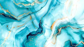 Modern blue and gold abstract marble background with turquoise accents, featuring fluid liquid ink swirls and golden glitter waves in a watercolor texture, creating a luxurious and elegant composition photo