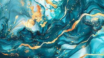 Modern blue, grey and gold abstract marble background with turquoise accents, featuring fluid liquid ink swirls and golden glitter waves in a watercolor texture a luxurious and elegant composition photo