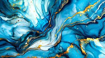 Modern blue and gold abstract marble background with turquoise accents, featuring fluid liquid ink swirls and golden glitter waves in a watercolor texture, creating a luxurious and elegant composition photo