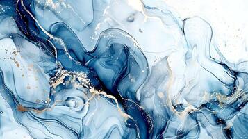 Modern blue, grey and gold abstract marble background with turquoise accents, featuring fluid liquid ink swirls and golden glitter waves in a watercolor texture a luxurious and elegant composition photo