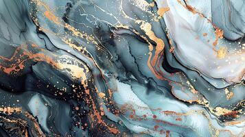 Modern Artistic Design with Gold, Blue, Grey, and Turquoise Accents, Fluid Ink and Watercolor Patterns, Abstract Waves and Swirls, and Luxurious Marble Texture Background photo