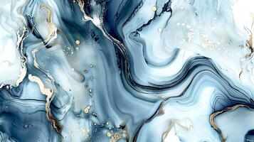 Modern blue, grey and gold abstract marble background with turquoise accents, featuring fluid liquid ink swirls and golden glitter waves in a watercolor texture a luxurious and elegant composition photo
