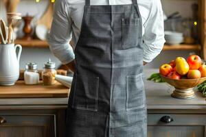 A chef wearing a dark gray linen-cotton apron stands in front of kitchen counter photo