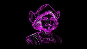 Glowing looping Columbus Day Portrait of Christopher Columbus. neon frame effect, black background. video