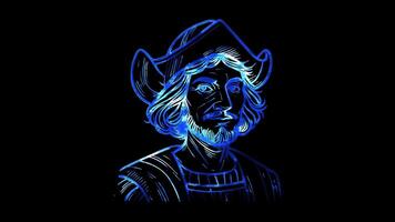 Glowing looping Columbus Day Portrait of Christopher Columbus. neon frame effect, black background. video