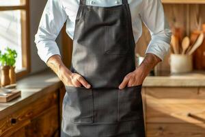 A chef wearing a dark gray linen-cotton apron stands in front of kitchen counter photo
