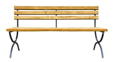 Brown wooden bench with a backrest and a curved metal legs, isolated on white background photo