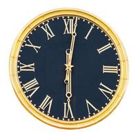 Round wall clock with gilded dial with Roman numerals and hands, isolated on a white background photo