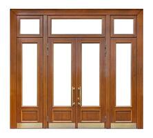 Large wooden entrance with cutout windows and double door with long gilded knobs, isolated on white background photo