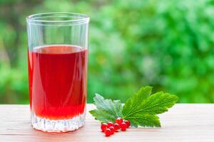 A glass with red currant compote and berries with leaves on a wooden table on a background of green garden in bokeh with copy space photo