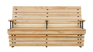 Front view on a wooden plank bench, isolated on a white background photo