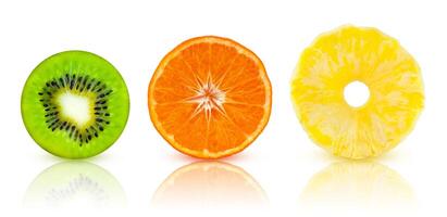 A set of a round halves tropical fruits kiwi, mandarin, pineapple with mirror reflection isolated on white background photo