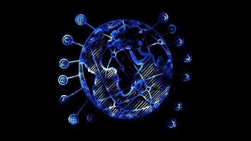 Glowing looping Columbus Day globe representing global connection. neon frame effect, black background. video