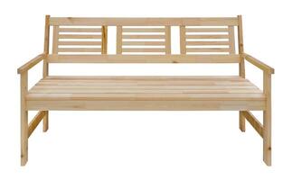 Front view of a long wooden bench with backrest, isolated on a white background photo