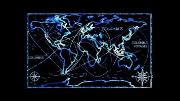 Glowing looping Columbus Day map showing Columbus's voyages. neon frame effect, black background. video