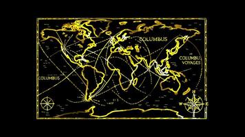 Glowing looping Columbus Day map showing Columbus's voyages. neon frame effect, black background. video