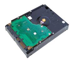 Perspective view of a hard drive isolated on a white background. Computer hardware photo