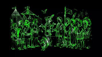 Glowing looping Columbus Day interaction between Columbus's crew and indigenous people. neon frame effect, black background. video