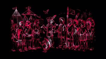Glowing looping Columbus Day interaction between Columbus's crew and indigenous people. neon frame effect, black background. video